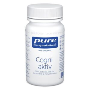 Weißer Kunststoffbehälter mit Schraubverschluss, Etikett mit blauem Logo und Produktname "Cogni aktiv" für Gedächtnis und Konzentration.