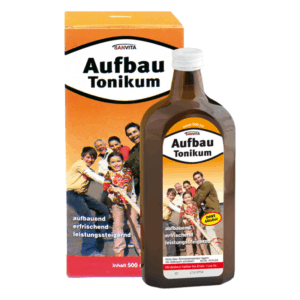 Braune Flasche mit Aufschrift 'Aufbau Tonikum', umgeben von einer farbigen Verpackung mit Familienbildern.