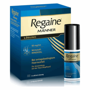 Verpackung von Regaine für Männer, 50 mg/ml Minoxidil, zur Behandlung von Haarausfall, mit einem Pumpfläschchen.