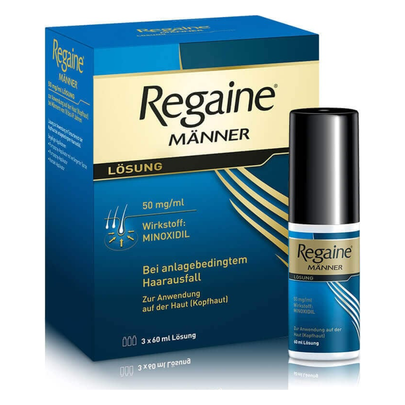 Verpackung von Regaine für Männer, 50 mg/ml Minoxidil, zur Behandlung von Haarausfall, mit einem Pumpfläschchen.