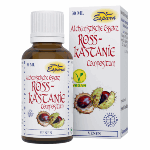 Braune Flasche mit Alchemischer Essenz aus Rosskastanie, 30 ml, umgeben von einer Verpackung mit vegetarischem Symbol.
