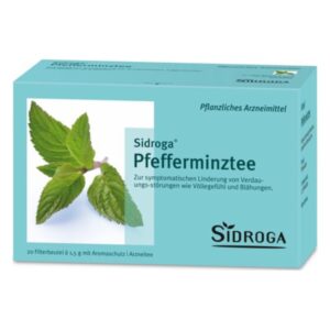 Verpackung von Sidroga Pfefferminztee mit frischen Minzblättern und dem Hinweis auf die Anwendung zur Linderung von Verdauungsstörungen.