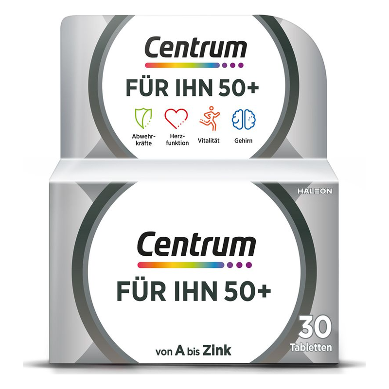Packung Centrum für IHN 50+, unterstützt Abwehrkräfte, Herzfunktion, Vitalität und Gehirn, mit 30 Tabletten.