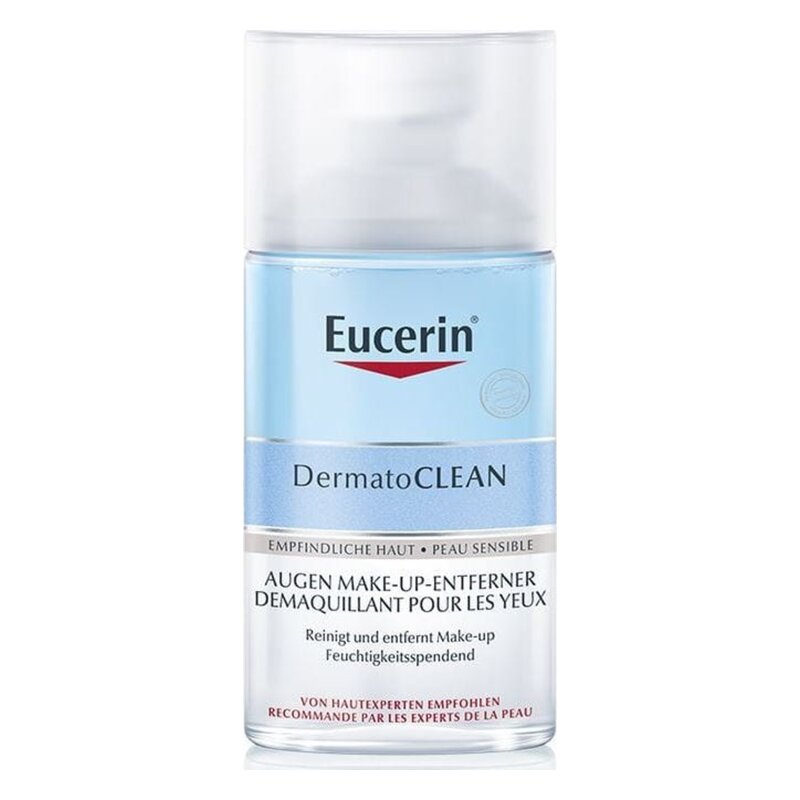 Eucerin DermatoCLEAN Augen Make-up-Entferner in einem transparenten Fläschchen mit blauem Etikett.