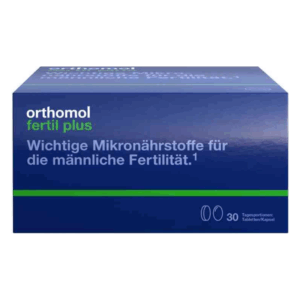 Verpackung von orthomol fertil plus, die wichtige Mikronährstoffe für die männliche Fertilität enthält.