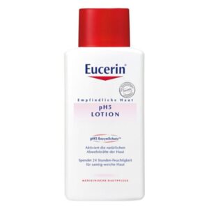 Eucerin pH5 Lotion für empfindliche Haut in weißer Flasche mit rotem Deckel, feuchtigkeitsspendend und schützend.
