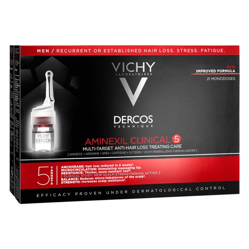 Verpackung von Vichy Dercos Aminexil Clinical 5 zur Haarbehandlung, enthält 21 Monodosen, betont Anti-Haarverlust-Eigenschaften.