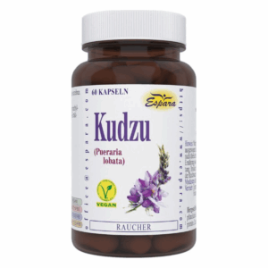 Braune Flasche mit Kapseln, Etikett zeigt Kudzu (Pueraria lobata) und veganes Symbol, 60 Kapseln.