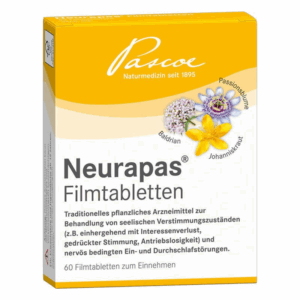 Verpackung von Neurapas Filmtabletten mit Kräuterabbildungen, bietet pflanzliche Unterstützung bei Stimmungsschwankungen.