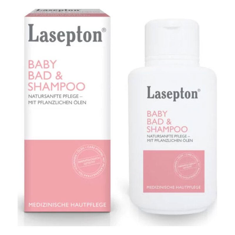 Flasche und Verpackung von Lasepton Baby Bad & Shampoo, mit pflanzlichen Ölen, medizinische Hautpflege.