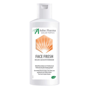 Flasche mit mildem Gesichtstonikum "Face Fresh" von Adler Pharma, alkoholfrei, mit Panthenol und Teebaumöl.