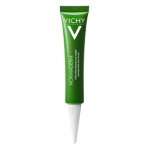 Grüne Tube mit weißer Spitze, enthält Vichy Normaderm S.O.S. Anti-Unreinheiten-Paste, zur gezielten Anwendung bei Pickeln.