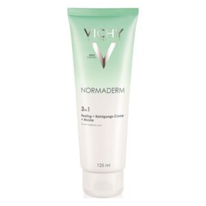Vichy Normaderm 3-in-1 Peeling, Reinigungscreme und Maske in einer weißen Tube mit mintgrüner Deckel.