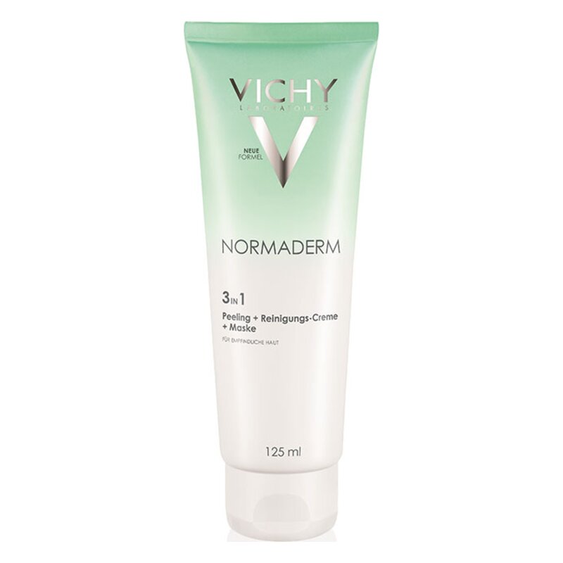 Vichy Normaderm 3-in-1 Peeling, Reinigungscreme und Maske in einer weißen Tube mit mintgrüner Deckel.