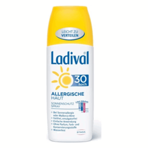 Flasche mit Ladival Sonnencreme Spray für allergische Haut, Lichtschutzfaktor 30, gelbe Kappe, fettfrei und wasserfest.