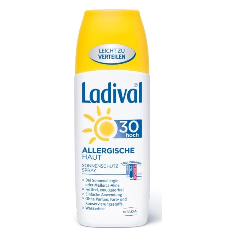 Flasche mit Ladival Sonnencreme Spray für allergische Haut, Lichtschutzfaktor 30, gelbe Kappe, fettfrei und wasserfest.