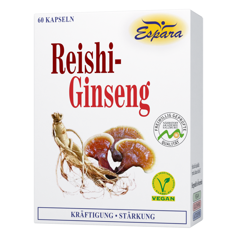 Verpackung von Reishi-Ginseng-Kapseln in einer weißen Box mit Abbildung von Ginseng und Reishi-Pilzen.