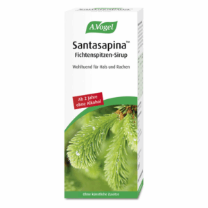 Kartonverpackung von A.Vogel Santasapina Fichtenspitzen-Sirup mit grünen Fichtennadeln auf der Vorderseite.