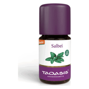 Ätherisches Salbeiöl in einer braunen Glasflasche mit lila Kappenhöhe und attraktiver Beschriftung.