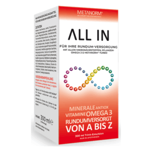 Verpackung des Nahrungsergänzungsmittels "ALL IN" mit Mikronährstoffen, Omega 3 und Metanorm, in 300 ml Flasche.