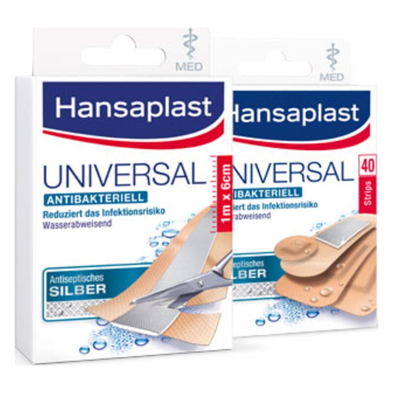 Verpackung mit selbstklebenden, wasserabweisenden Pflastern von Hansaplast, die antibakteriell wirken und das Infektionsrisiko reduzieren.
