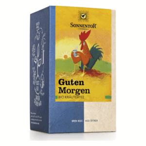Packung von Sonnentor Bio Kräutertee 'Guten Morgen' mit einem bunten Hahn und Sonnenmotiv.