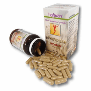 Braune Kapseln aus einer geöffneten Flasche und einer Packung mit dem Aufdruck "Aphrodisan für Frauen"
