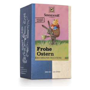 Verpackung eines BIO Kräuter-Früchtetees mit Ostermotiv, zeigt einen Hasen mit einer Tasse in der Hand und bunten Eiern.