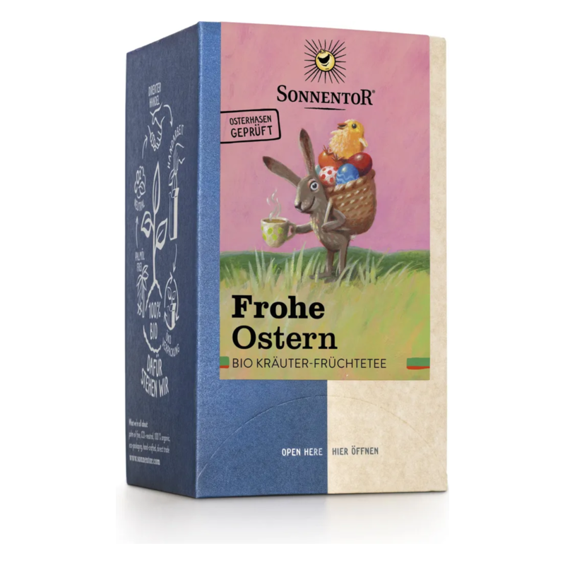 Verpackung eines BIO Kräuter-Früchtetees mit Ostermotiv, zeigt einen Hasen mit einer Tasse in der Hand und bunten Eiern.