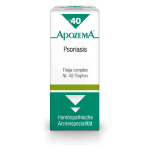 Packung mit homöopathischen Tropfen zur Behandlung von Psoriasis, beschriftet mit Thuja complex Nr. 40.