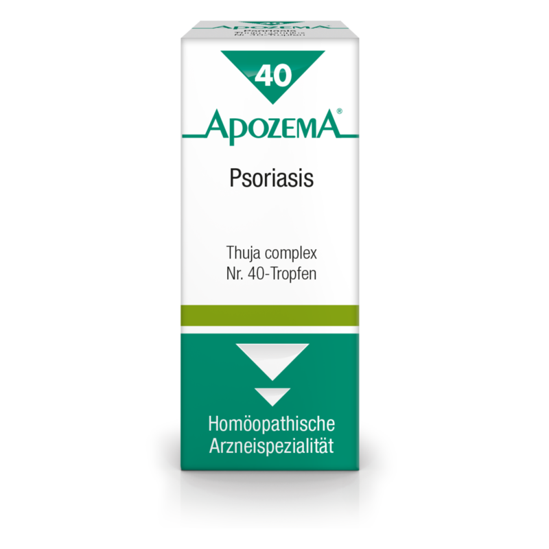 Packung mit homöopathischen Tropfen zur Behandlung von Psoriasis, beschriftet mit Thuja complex Nr. 40.