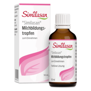 Braune Glasflasche mit Similasan Milchbildungstropfen, verpackt in einer weißen Schachtel mit pinken Akzenten.