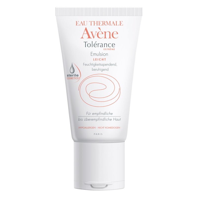 Weiße Tube mit orangefarbener Schrift, enthält feuchtigkeitsspendende Emulsion für empfindliche Haut.