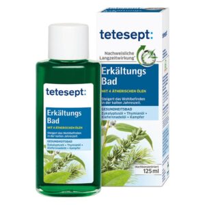 Flasche mit tetesept Erkältungsbad, enthält 4 ätherische Öle für das Wohlbefinden in der kalten Jahreszeit.