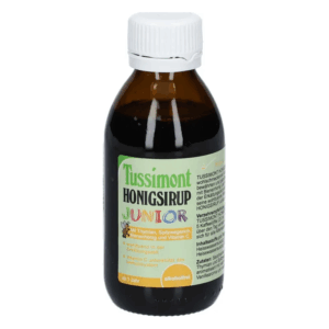 Braune Flasche mit weißem Schraubverschluss, enthält Tussimont Honigsirup Junior, verpackt für Kinder ab 1 Jahr.