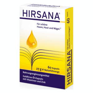 Verpackung von HIRSANA Nahrungsergänzungsmitteln mit Goldhirse-Öl-Kapseln, betont die Vorteile für Haare, Haut und Nägel.