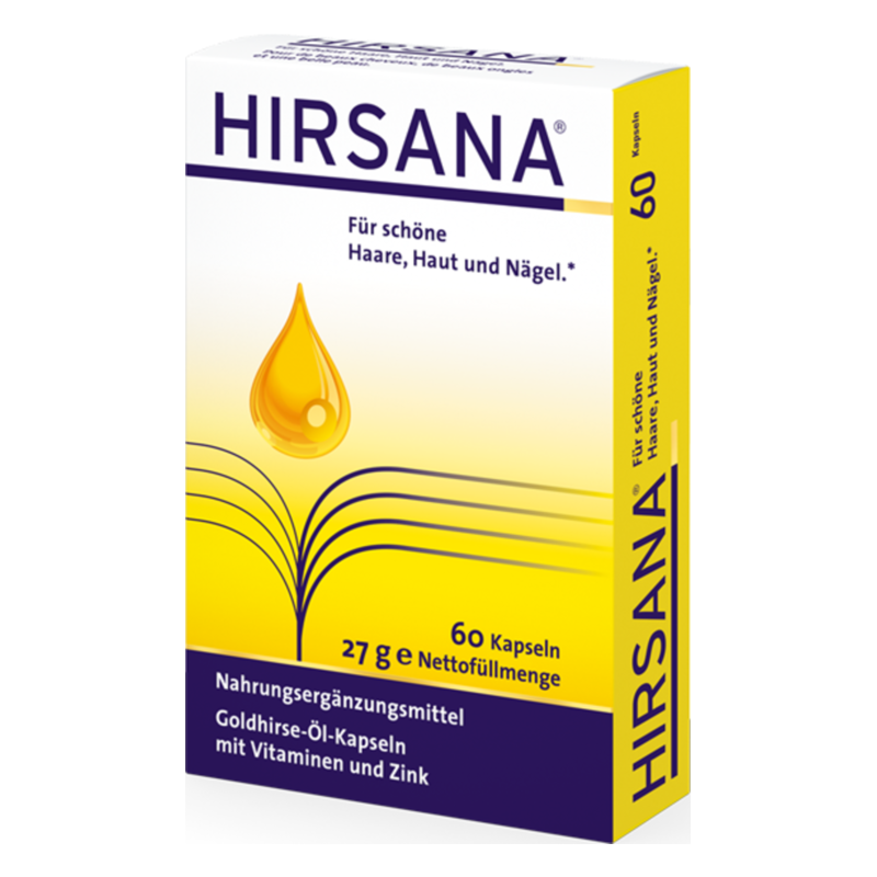 Verpackung von HIRSANA Nahrungsergänzungsmitteln mit Goldhirse-Öl-Kapseln, betont die Vorteile für Haare, Haut und Nägel.