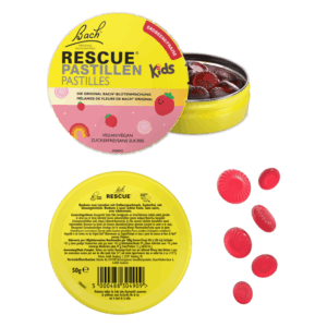 Gelbe Dose mit roten pastillenförmigen Bonbons, Erdbeergeschmack, für Kinder, vegan und zuckerfrei.