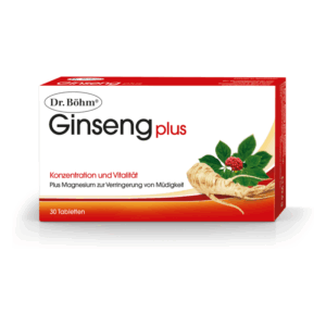 Packung Dr. Böhm Ginseng plus mit 30 Tabletten, betont Konzentration und Vitalität, abgebildet mit Ginsengwurzel und Blättern.