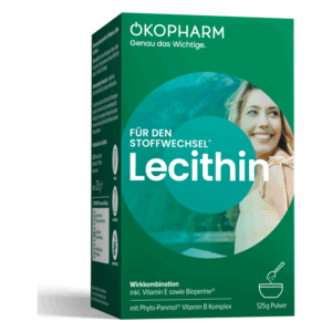 Verpackung von Lecithin für den Stoffwechsel mit Vitaminen und Bioperine, grün mit Abbildungen und Informationen.