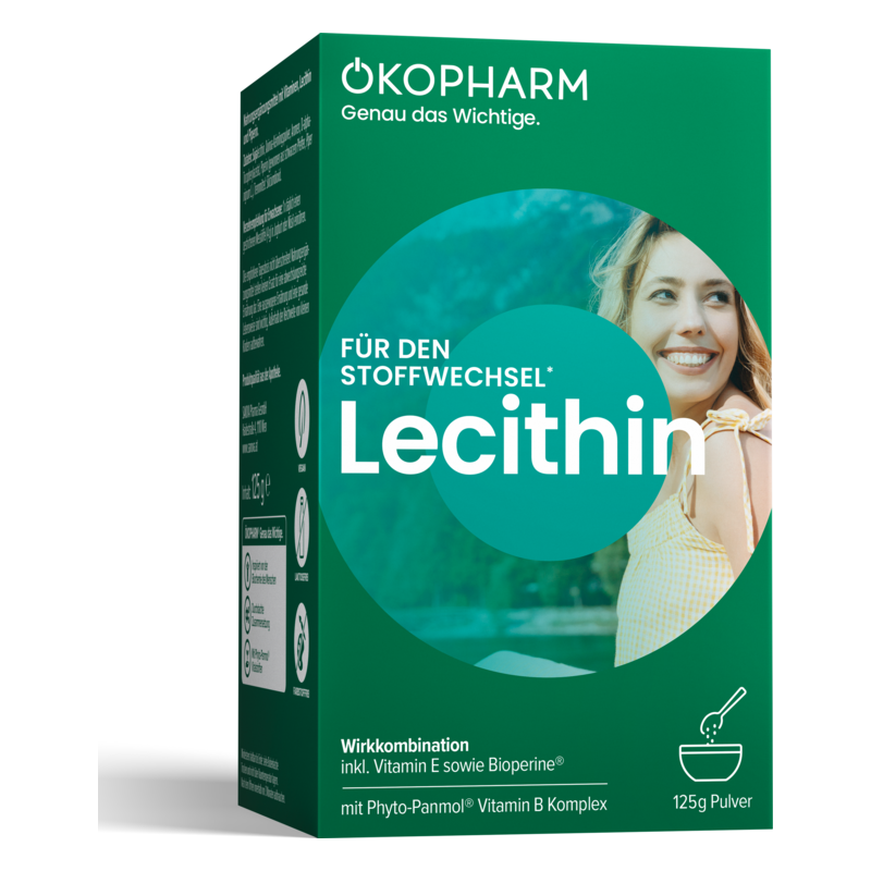 Verpackung von Lecithin für den Stoffwechsel mit Vitaminen und Bioperine, grün mit Abbildungen und Informationen.