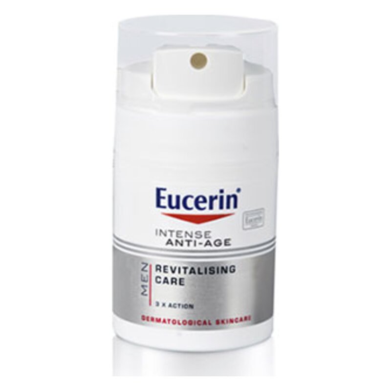 Eucerin Intensiv Anti-Age Pflege für Männer in weißem Pumpbehälter mit grauem Etikett.