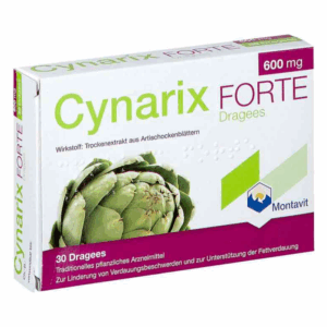 Verpackung von Cynarix Forte Dragees mit Artischockenblättern als Wirkstoff, 600 mg, 30 Dragees für Verdauungsbeschwerden.