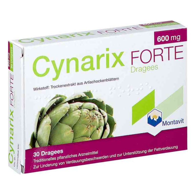 Verpackung von Cynarix Forte Dragees mit Artischockenblättern als Wirkstoff, 600 mg, 30 Dragees für Verdauungsbeschwerden.