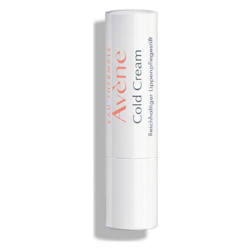 Weißer Lippenpflegestift mit orangefarbener Schrift, gekennzeichnet als Avène Cold Cream, in drehbarem Behälter.