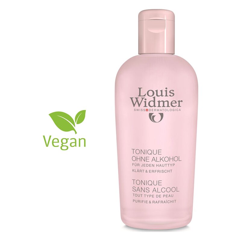 Flasche mit rosa Tonikum ohne Alkohol von Louis Widmer, vegan, für jeden Hauttyp.