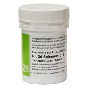 Weißer Kunststoffbehälter mit einem grünen Etikett, der homöopathische Tabletten mit Selenium D12 enthält.