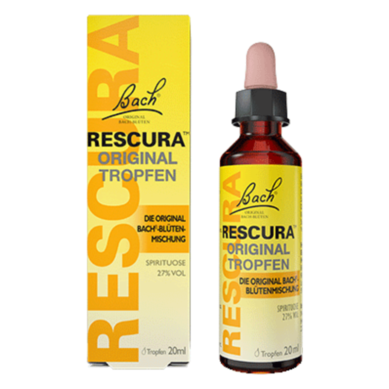 Flasche mit Bach Rescura Original Tropfen in einer gelben Verpackung, 20 ml, mit Pipette.