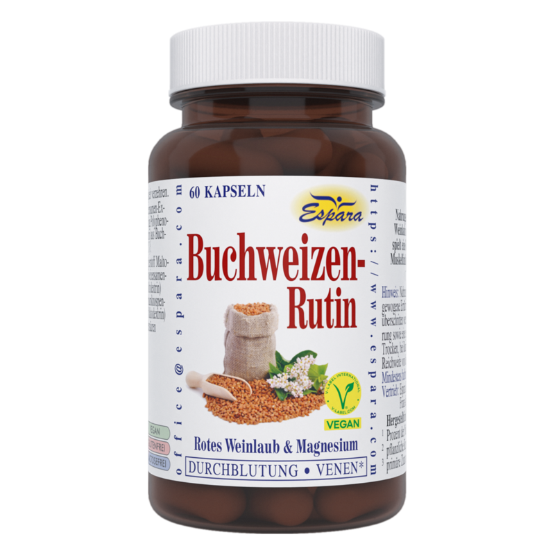 Braune Glasflasche mit Kapseln, beschriftet mit "Buchweizen-Rutin" und Inhaltsstoffen wie rotem Weinlaub und Magnesium.