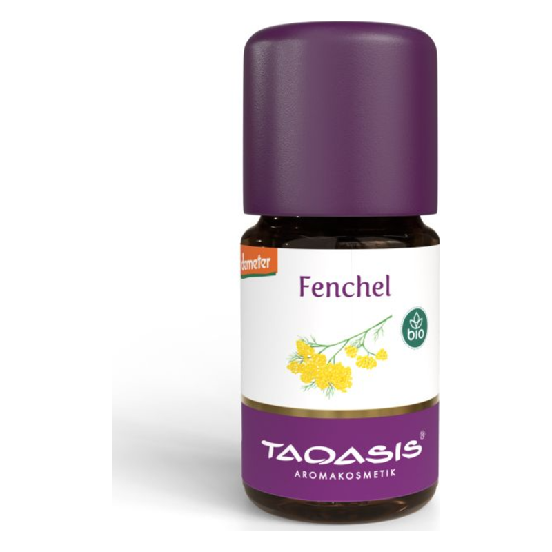 Flasche mit ätherischem Öl aus Bio-Fenchel, braun, mit lila Kappe und farbigem Etikett.